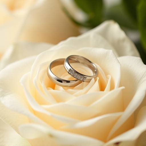 Close-up photo of wedding rings on a bouquet of white roses.