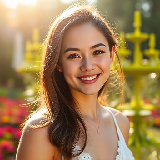 Portrait of a young woman in a sunlit garden, smiling softly.