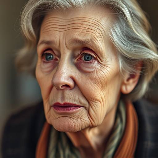 Portrait of an older woman looking off to the side, warm light on her face.