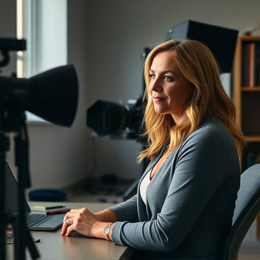 Portrait of Emily Carter, Editorial Photographer, sitting in an office with photo equipment in the background