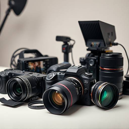 Variety of professional cameras and lenses on a table